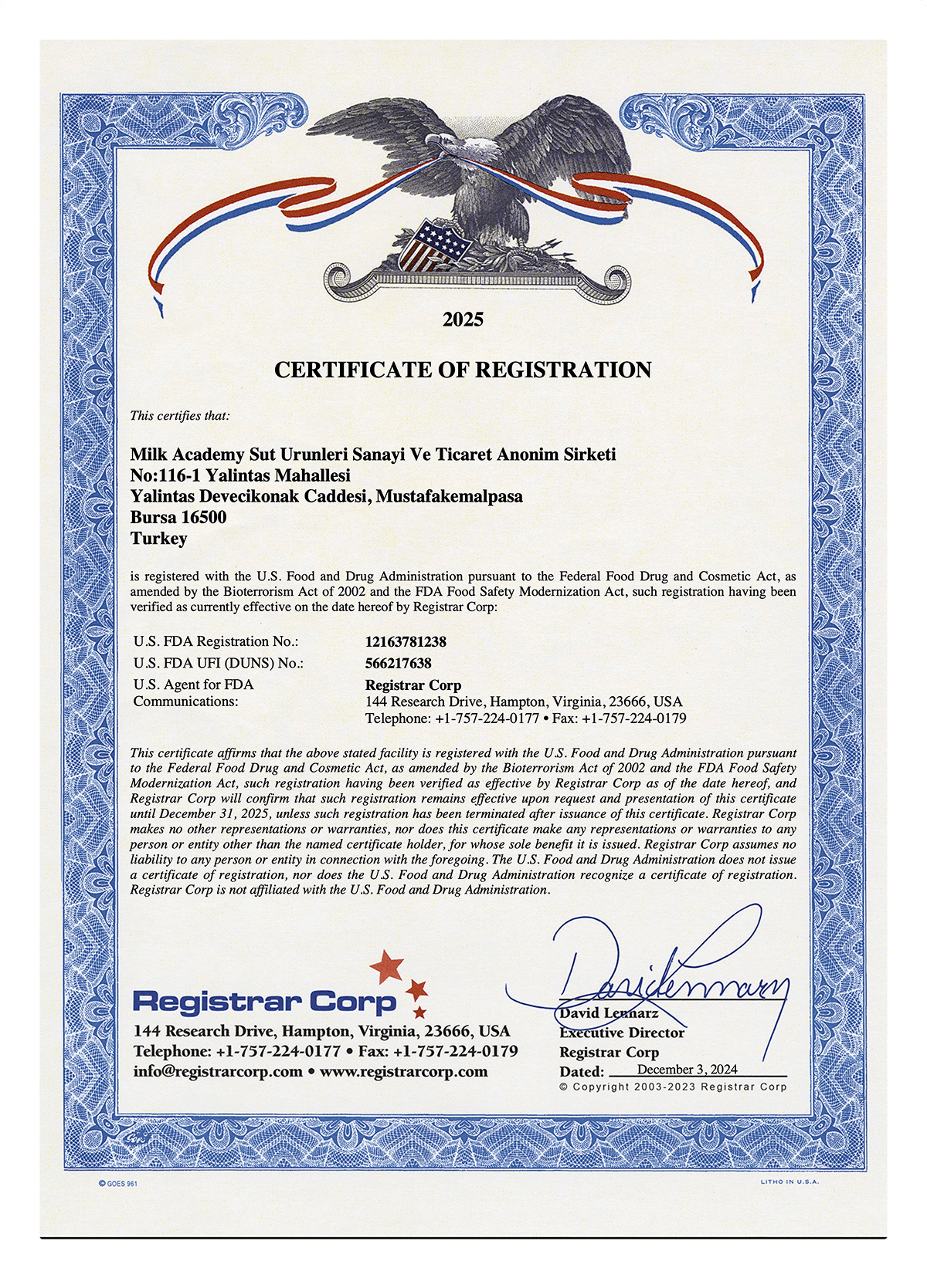 FDA & Diğer Yetkili Kurum Sertifikaları